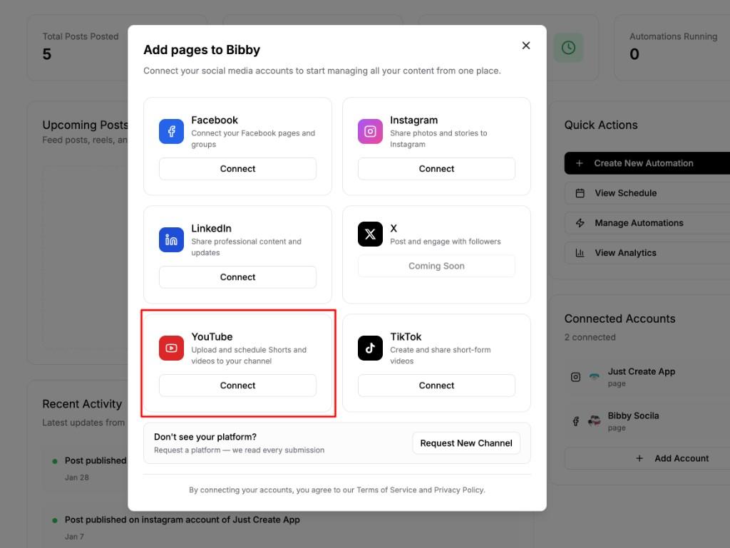 Add pages to Bibby: YouTube card with Connect button