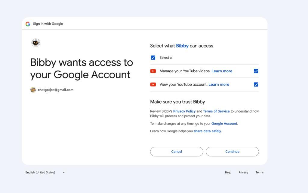 Google sign-in: both YouTube permission checkboxes must be checked