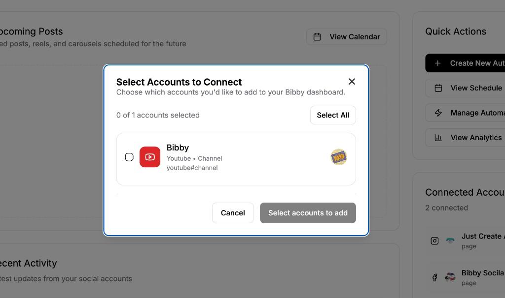 Select Accounts to Connect: choose your YouTube channel and confirm