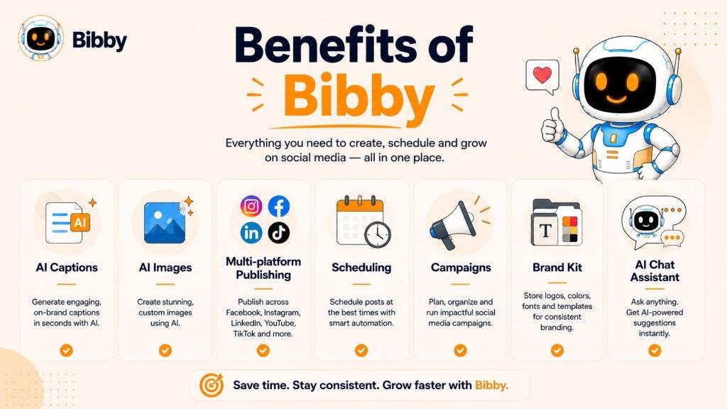 Infographic titled Benefits of Bibby highlighting AI captions, AI images, multi-platform publishing, scheduling at the best times, campaigns, brand kit, and AI chat assistant.