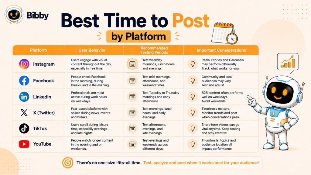 Infographic titled Best Time to Post by Platform comparing user behavior, recommended testing periods, and considerations for Instagram, Facebook, LinkedIn, X, TikTok, and YouTube.