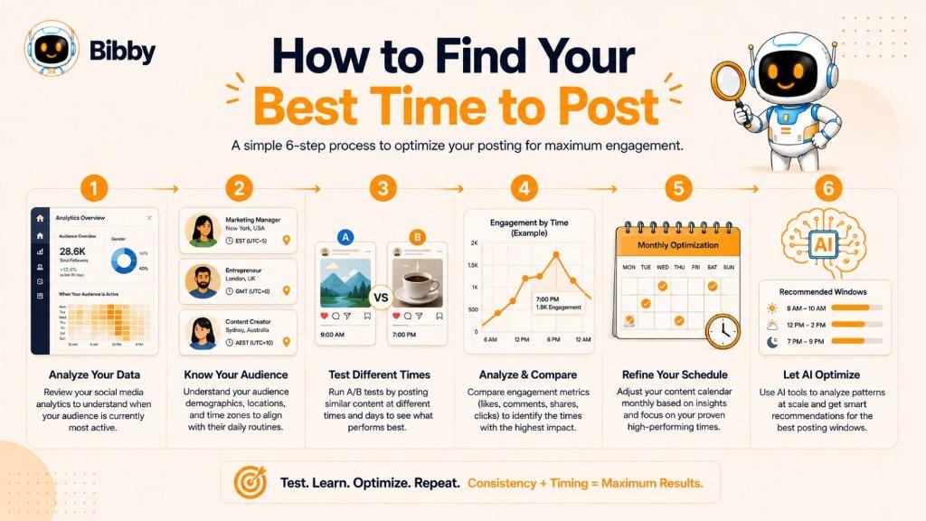 Infographic titled How to Find Your Best Time to Post showing a six-step process: analyze your data, know your audience, test different times, analyze and compare, refine your schedule, and let AI optimize.
