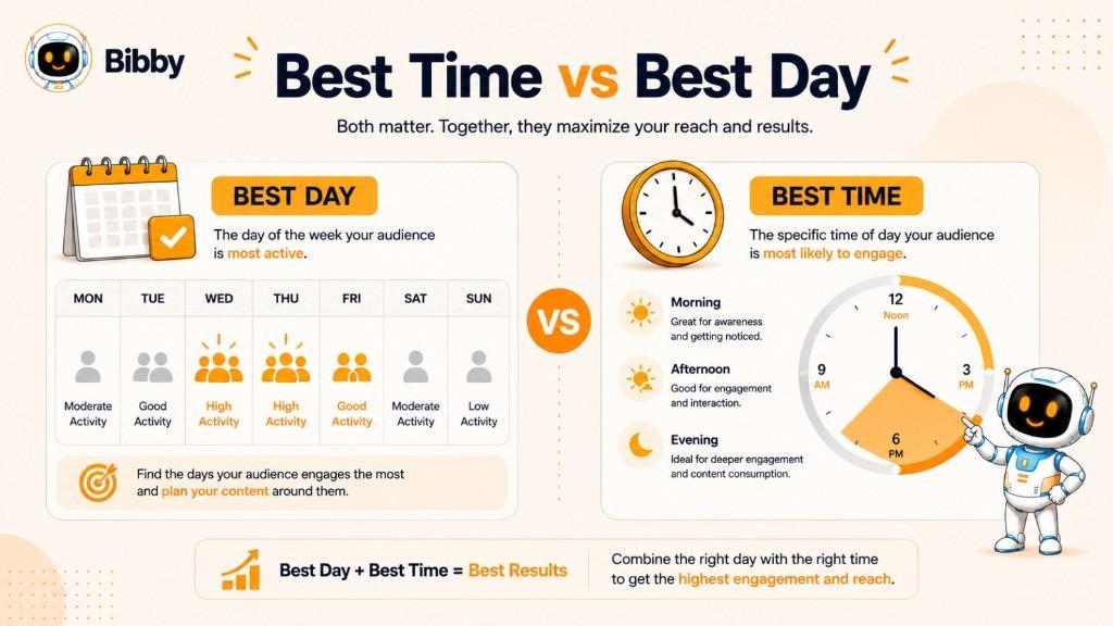 Infographic titled Best Time vs Best Day explaining that best day is when your audience is most active during the week and best time is the hour they are most likely to engage.