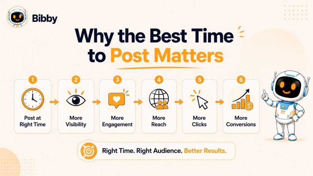 Infographic titled Why the Best Time to Post Matters showing a six-step flow from posting at the right time to more visibility, engagement, reach, clicks, and conversions.