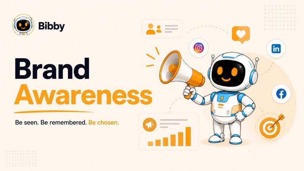 Bibby Brand Awareness hero showing the Bibby robot with a megaphone surrounded by Instagram, LinkedIn, and Facebook icons, engagement symbols, and a target bullseye on a cream background.