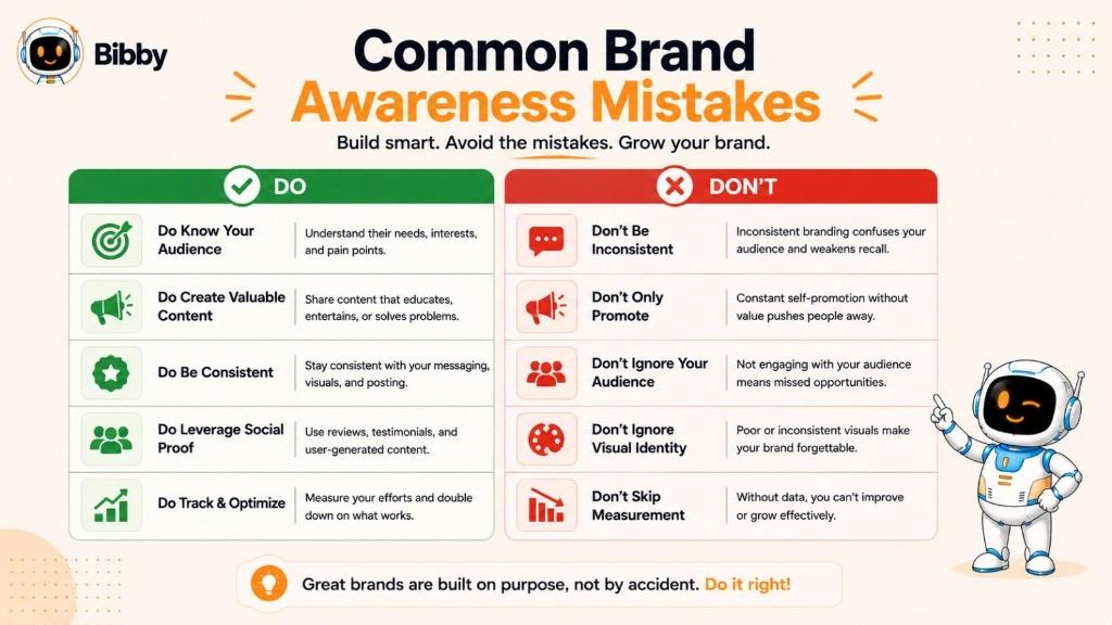 Infographic titled Common Brand Awareness Mistakes with DO and DON'T lists covering audience research, valuable content, consistency, social proof, and measurement.
