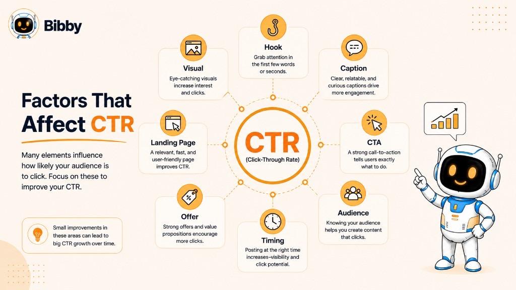 Infographic titled Factors That Affect CTR showing eight influences — visuals, hook, caption, CTA, audience, timing, offer, and landing page — around click-through rate.