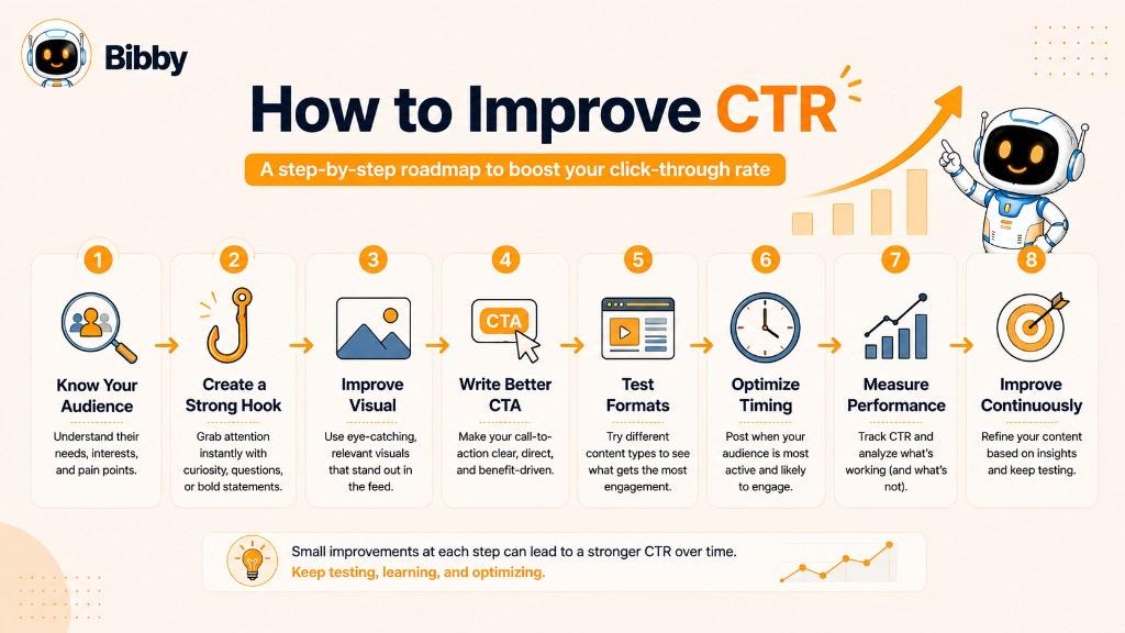 Infographic titled How to Improve CTR showing an eight-step roadmap — know your audience, strong hook, better visuals, clearer CTA, test formats, optimize timing, measure, and improve continuously.