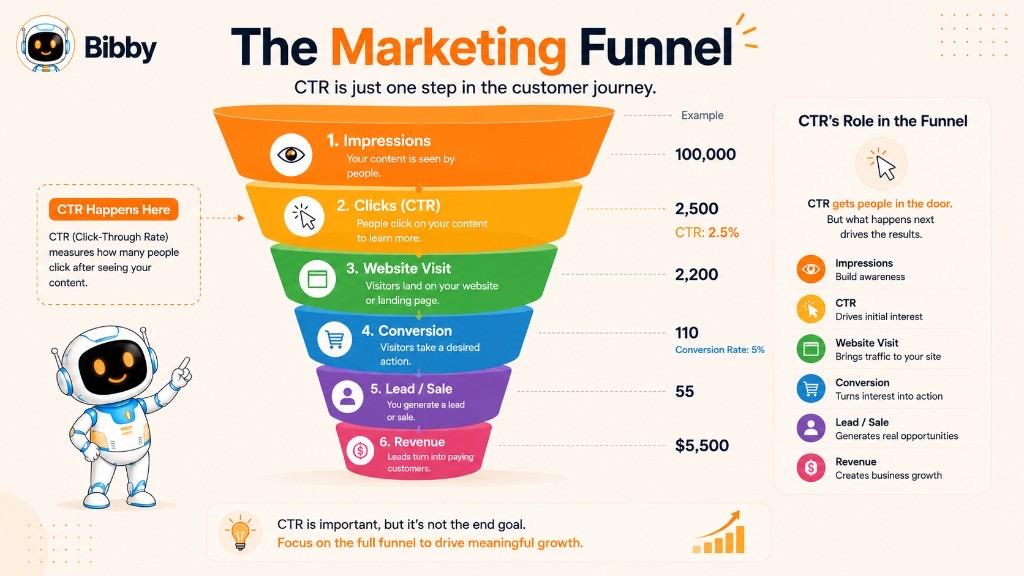 Infographic titled The Marketing Funnel showing CTR at the clicks stage between impressions and website visits, with an example of 100,000 impressions, 2.5% CTR, and downstream conversions.