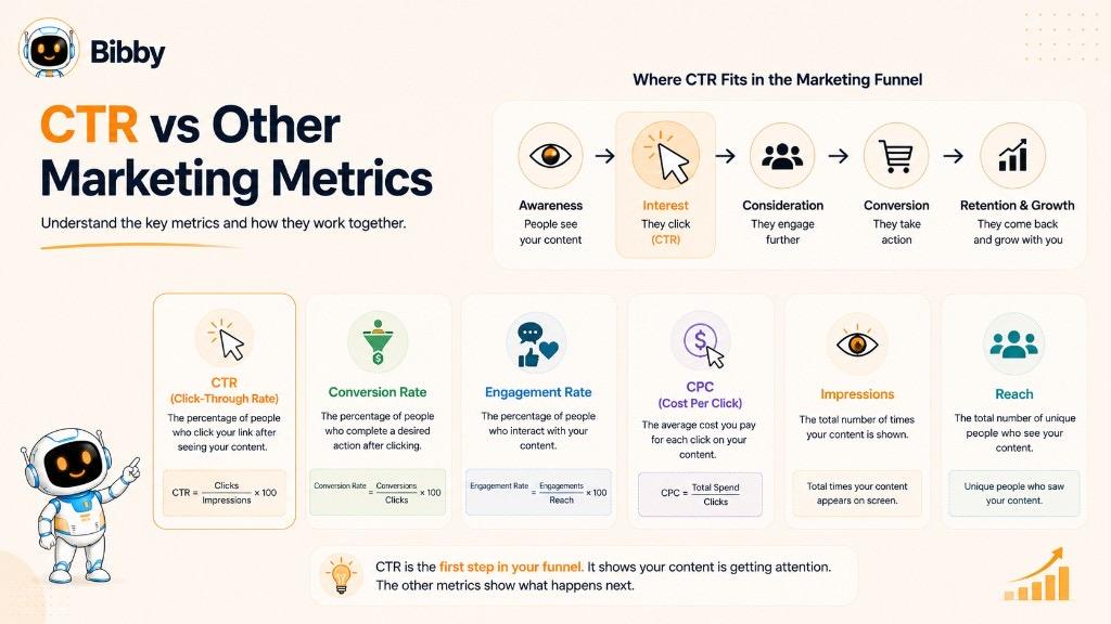 Infographic titled CTR vs Other Marketing Metrics comparing click-through rate with conversion rate, engagement rate, CPC, impressions, and reach in the marketing funnel.