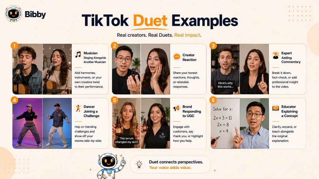 Infographic titled TikTok Duet Examples showing six side-by-side uses: music collaboration, creator reaction, expert commentary, dance challenge, brand response to UGC, and educational explanation.