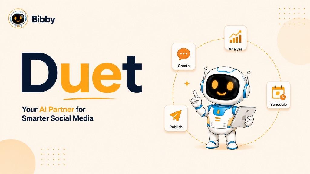 Infographic titled Duet showing the Bibby robot with Create, Analyze, Schedule, and Publish icons for smarter social media.