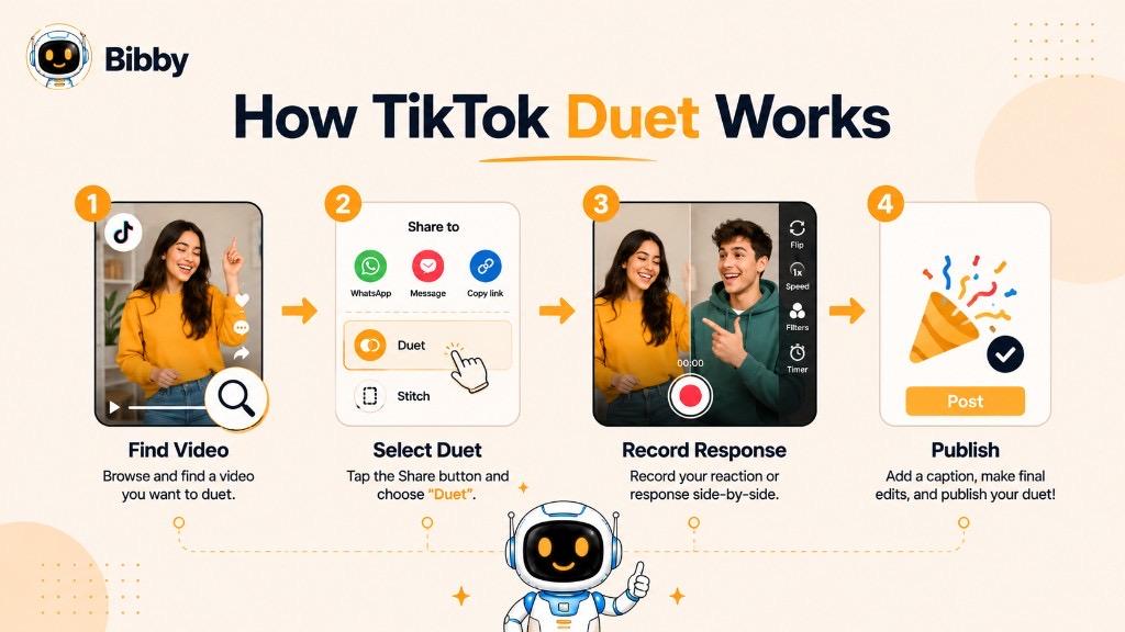 Infographic titled How TikTok Duet Works showing four steps: find a video, select Duet from the share menu, record a side-by-side response, and publish.