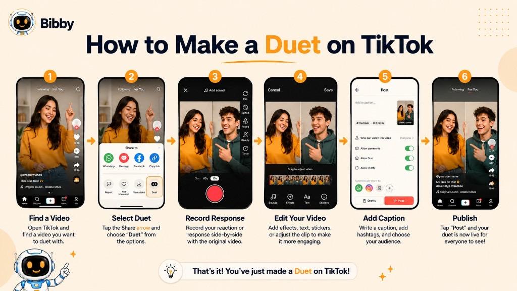 Infographic titled How to Make a Duet on TikTok showing six steps: find a video, select Duet, record a side-by-side response, edit, add a caption, and publish.