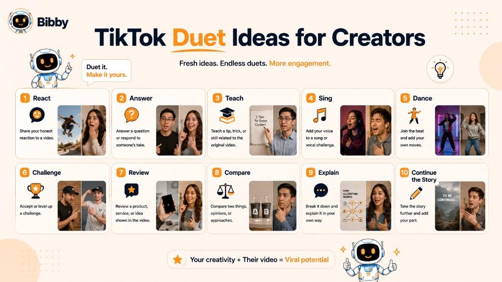 Infographic titled TikTok Duet Ideas for Creators showing ten ideas: react, answer, teach, sing, dance, challenge, review, compare, explain, and continue the story.