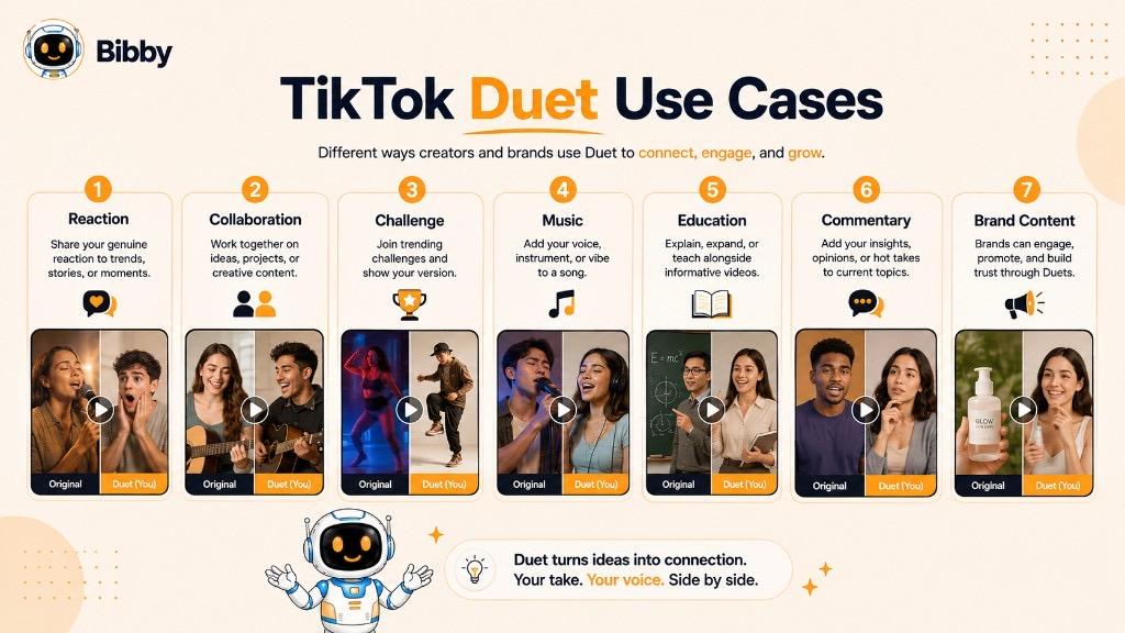 Infographic titled TikTok Duet Use Cases showing seven formats: reaction, collaboration, challenge, music, education, commentary, and brand content.
