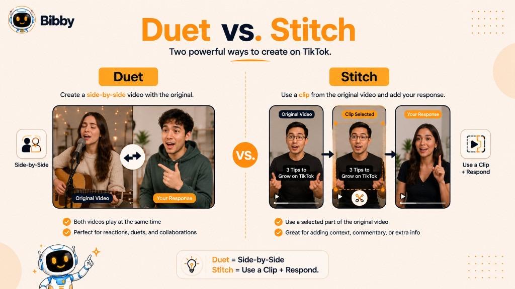 Infographic titled Duet vs Stitch comparing a side-by-side Duet with a Stitch that clips part of the original video and adds a sequential response.