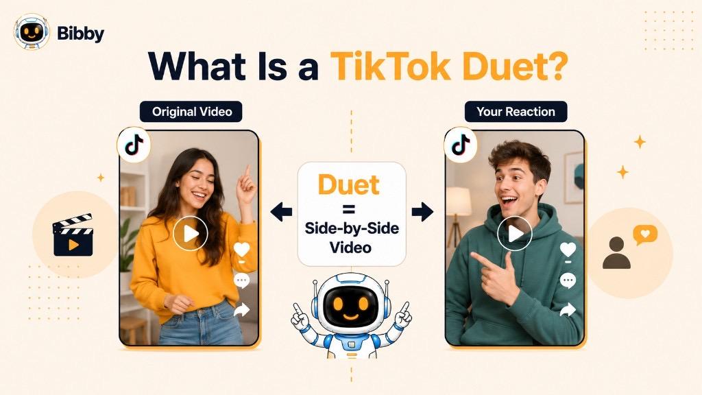 Infographic titled What Is a TikTok Duet showing an original video and a reaction video playing side by side as a Duet.