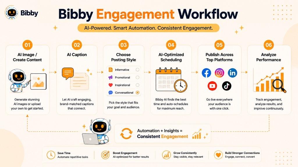 Infographic titled Bibby Engagement Workflow showing six steps: AI image or upload, AI caption, choose posting style, AI-optimized scheduling, publish across Facebook Instagram LinkedIn YouTube and TikTok, and review performance.