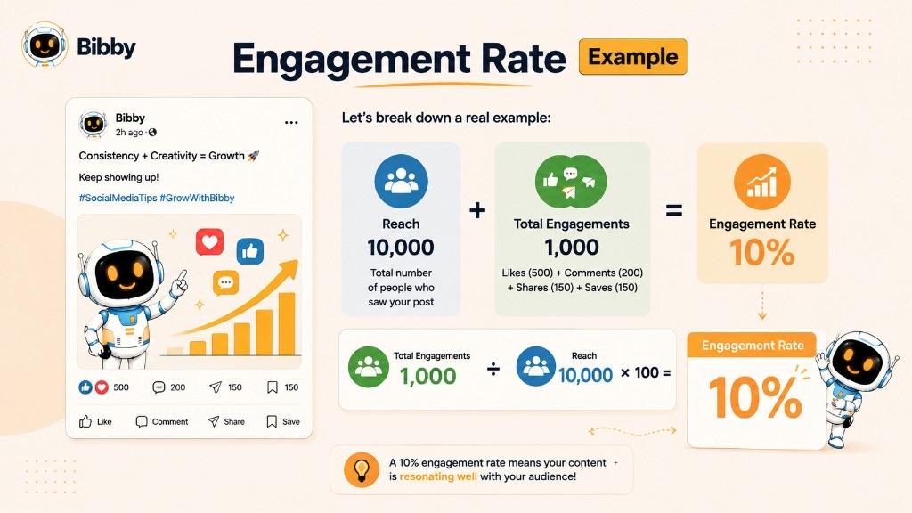 Infographic titled Engagement Rate Example showing a post with 500 likes, 200 comments, 150 shares, and 150 saves, totaling 1,000 engagements from 10,000 reach for a 10% engagement rate.