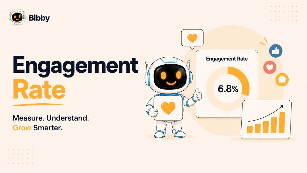Bibby robot giving a thumbs-up beside engagement rate charts showing 6.8% interaction and upward growth.
