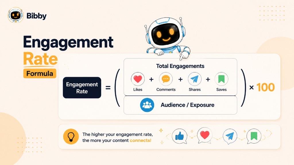 Infographic titled Engagement Rate Formula showing total engagements from likes, comments, shares, and saves divided by audience or exposure, then multiplied by 100.