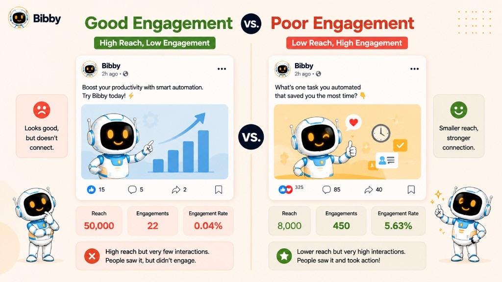 Infographic comparing a high-reach post with 0.04% engagement rate against a lower-reach post with 5.63% engagement rate, showing that more interactions relative to audience matter more than reach alone.