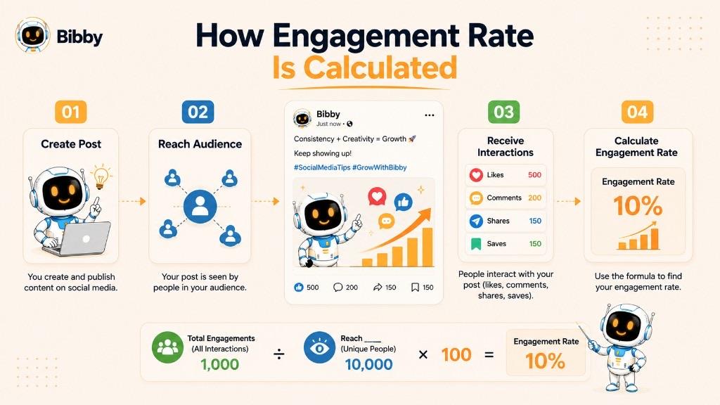 Infographic titled How Engagement Rate Is Calculated showing four steps from creating a post and reaching the audience through interactions to a 10% engagement rate using 1,000 engagements divided by 10,000 reach.