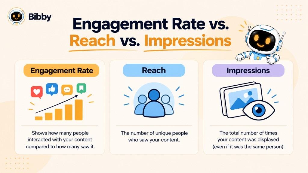 Infographic titled Engagement Rate vs Reach vs Impressions comparing interaction relative to who saw the content, unique people reached, and total times the content was displayed.