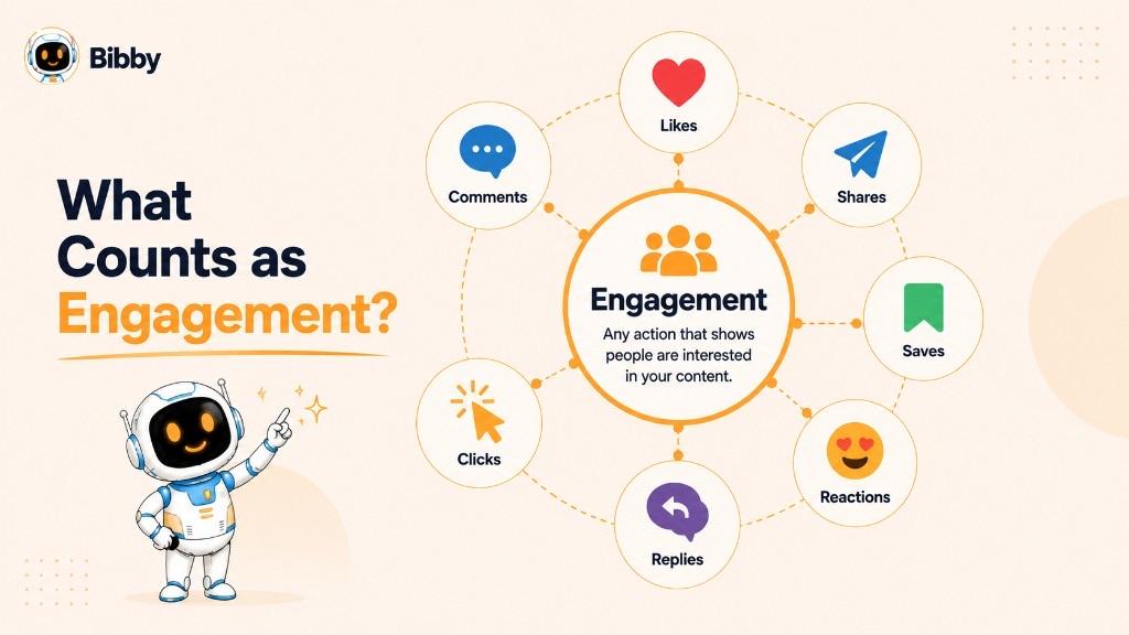 Infographic titled What Counts as Engagement showing likes, shares, saves, reactions, replies, clicks, and comments as actions that show people are interested in your content.