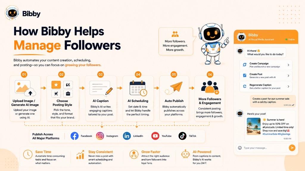 Infographic titled How Bibby Helps Manage Followers showing a six-step publishing workflow: upload or generate an image, choose a posting style, generate an AI caption, schedule, auto-publish across platforms, and stay consistent.