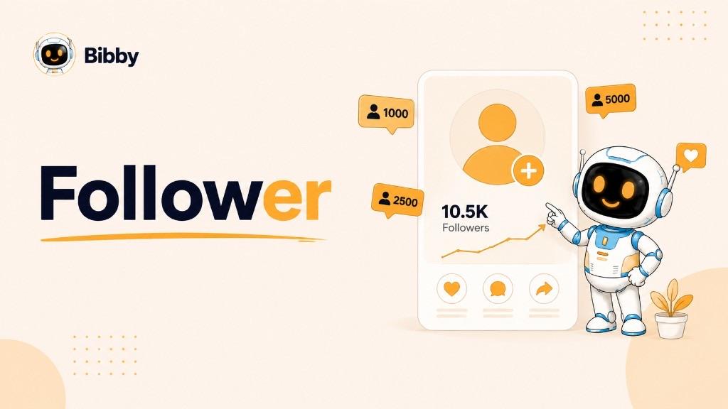 Bibby robot pointing at a phone showing 10.5K followers, a Follow button, and an upward growth graph with like, comment, share, and save icons.