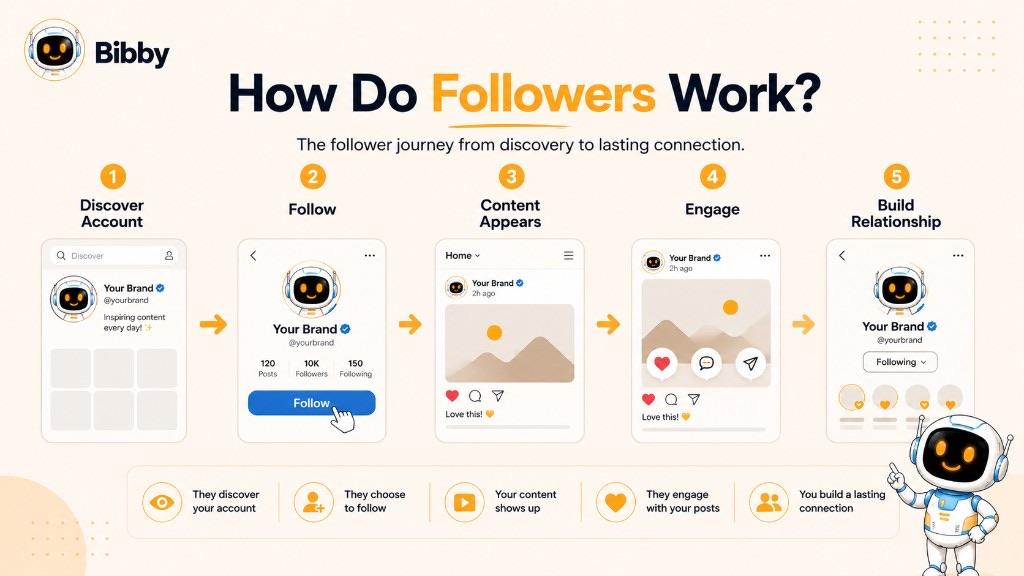 Infographic titled How Do Followers Work showing a five-step journey: discover an account, follow, content appears in the feed, engage, and build a lasting relationship.