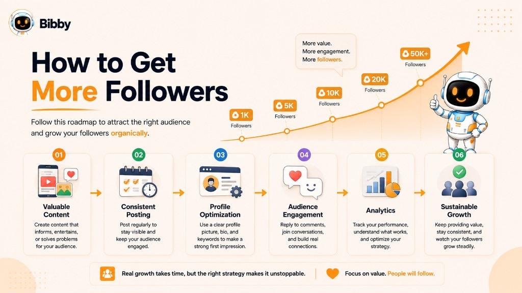 Infographic titled How to Get More Followers showing a six-step organic growth roadmap: valuable content, consistent posting, profile optimization, audience engagement, analytics, and sustainable growth.