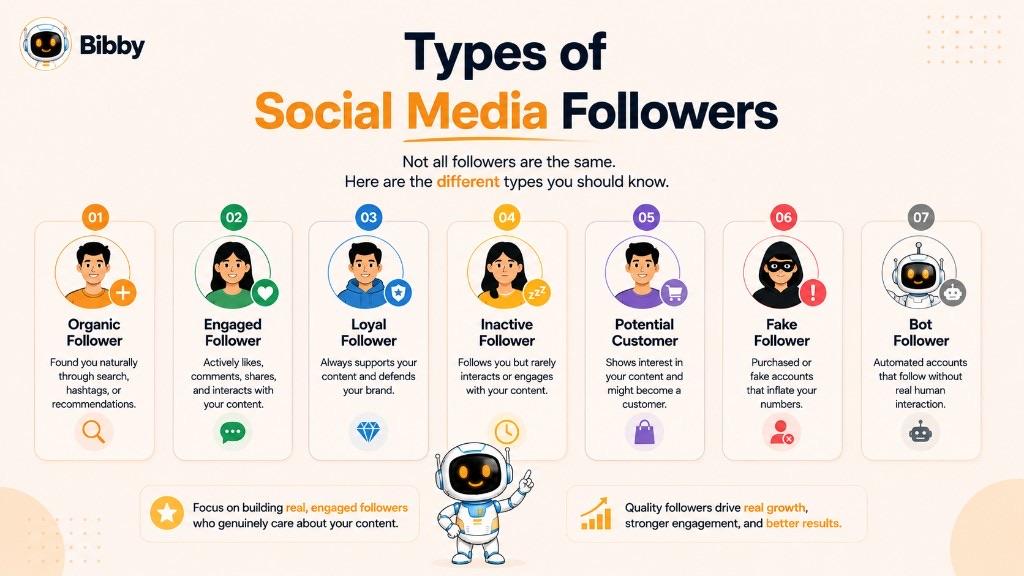 Infographic titled Types of Social Media Followers listing organic, engaged, loyal, inactive, potential customer, fake, and bot followers.