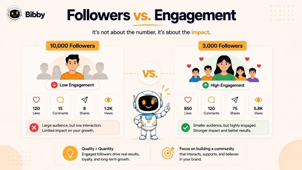 Infographic titled Followers vs Engagement comparing a 10,000-follower account with low interaction to a 3,000-follower account with much higher likes, comments, shares, and views.