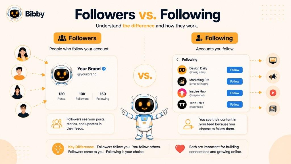 Infographic titled Followers vs Following comparing people who follow your account with the accounts you choose to follow, and how each affects whose content appears in a feed.