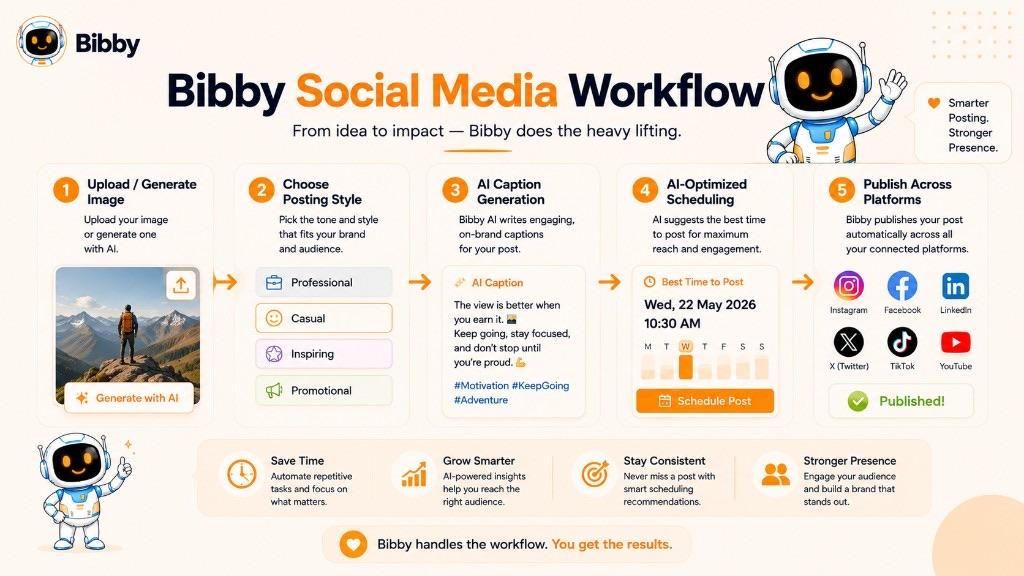 Infographic titled Bibby Social Media Workflow showing five steps: upload or generate an image, choose a posting style, generate an AI caption, schedule at an optimized time, and publish across Instagram, Facebook, LinkedIn, TikTok, and YouTube.