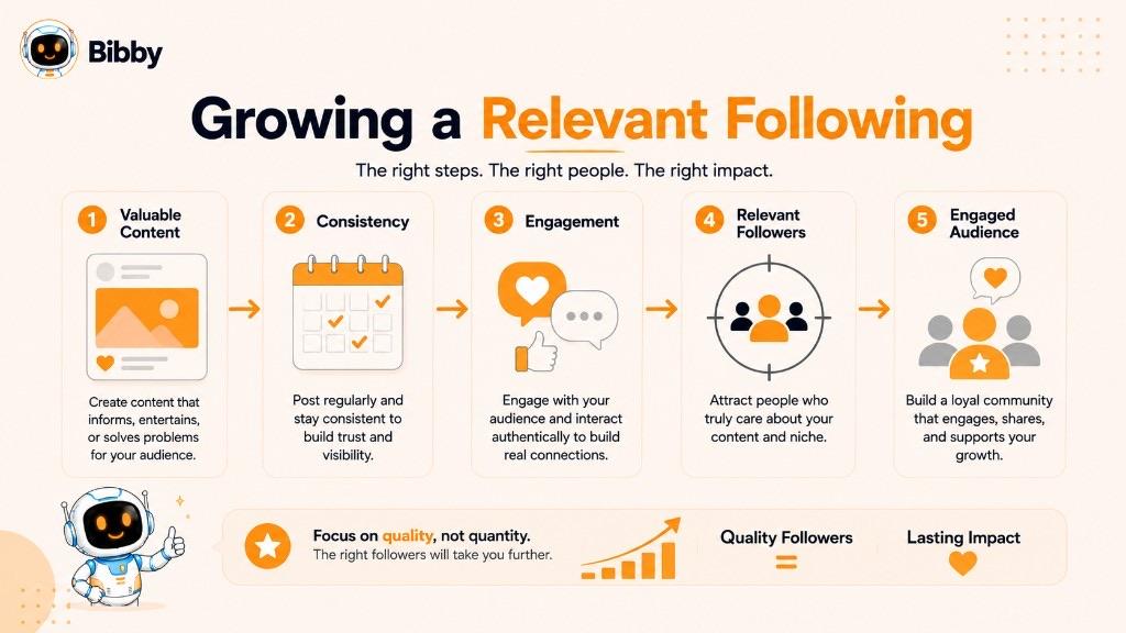 Infographic titled Growing a Relevant Following showing five steps: valuable content, consistency, engagement, relevant followers, and an engaged audience.