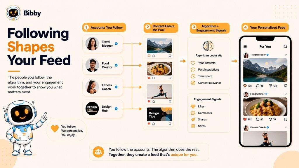 Infographic titled Following Shapes Your Feed showing accounts you follow, their content entering a pool, algorithm and engagement signals, and a personalized feed.