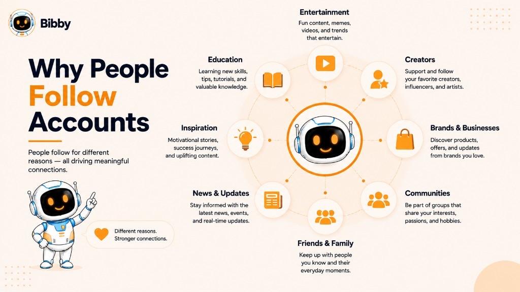 Infographic titled Why People Follow Accounts listing entertainment, creators, brands, communities, friends and family, news, inspiration, and education as common reasons to follow.