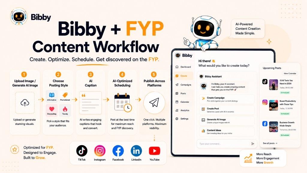 Infographic titled Bibby plus FYP Content Workflow showing five steps: upload or generate an image, choose a posting style, generate an AI caption, schedule at an optimized time, and publish across TikTok, Instagram, Facebook, LinkedIn, and YouTube.