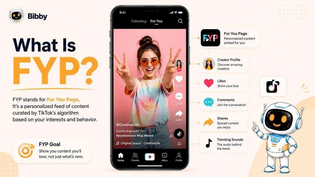 Infographic titled What Is FYP explaining that FYP stands for For You Page, with a TikTok phone mockup labeled For You, likes, comments, shares, creator profile, and trending sounds.