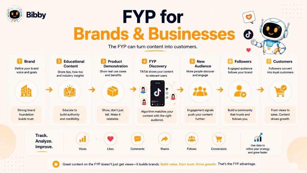 Infographic titled FYP for Brands and Businesses showing a seven-step path from brand and educational content through FYP discovery to new audience, followers, and customers.