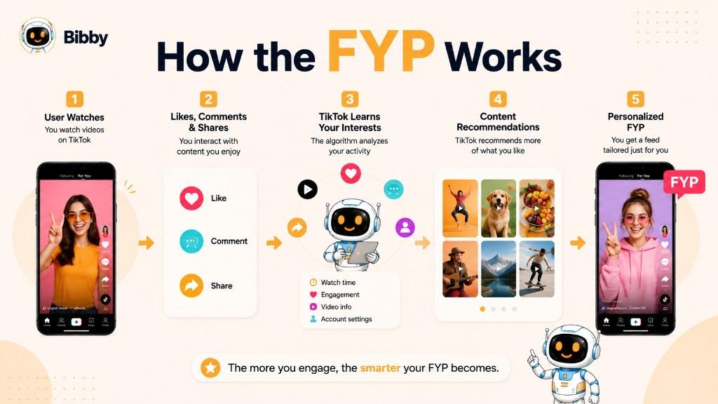 Infographic titled How the FYP Works showing five steps: watch videos, like comment and share, TikTok learns your interests, content recommendations, and a personalized For You Page.