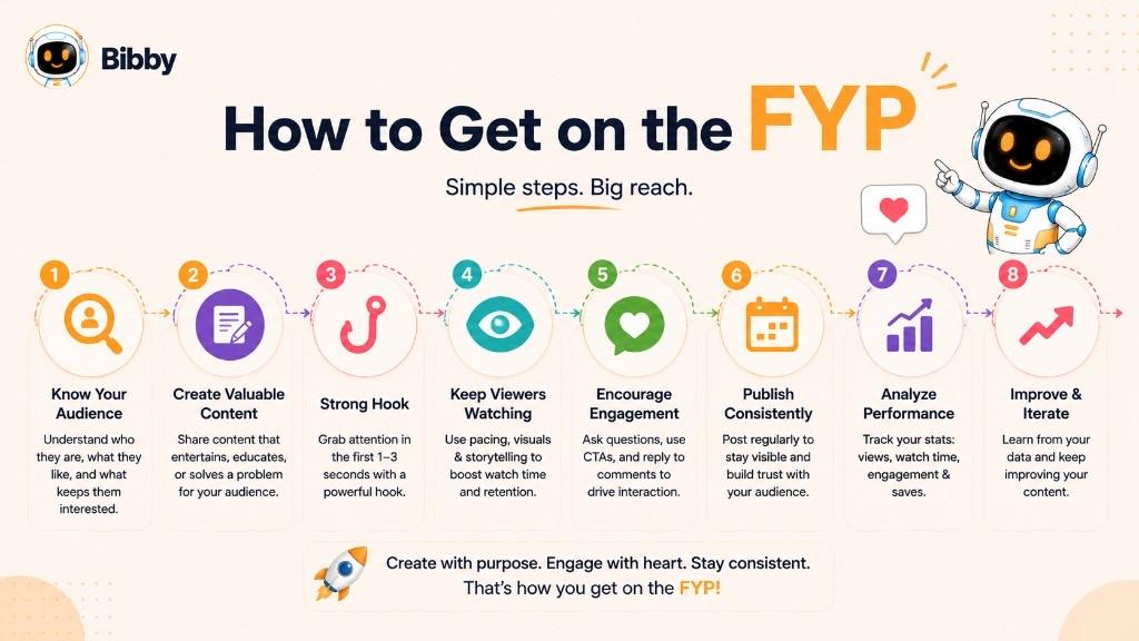 Infographic titled How to Get on the FYP showing eight steps: know your audience, create valuable content, use a strong hook, keep viewers watching, encourage engagement, publish consistently, analyze performance, and improve.