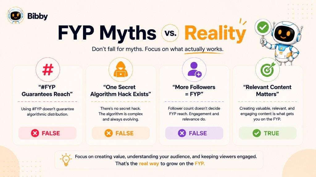 Infographic titled FYP Myths vs Reality showing that #FYP, secret algorithm hacks, and follower count do not guarantee For You Page reach, while relevant engaging content does.