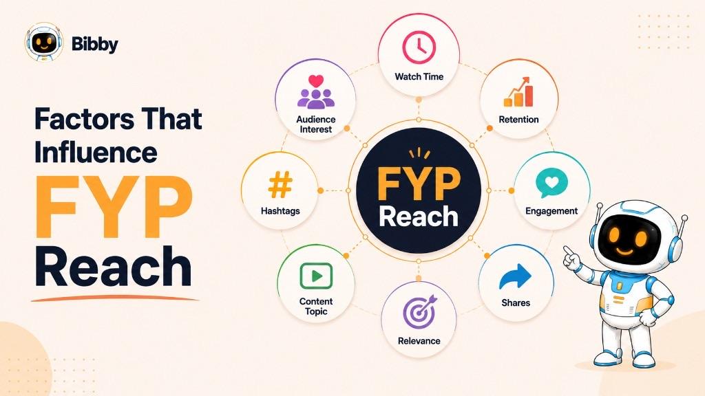 Infographic titled Factors That Influence FYP Reach listing watch time, retention, engagement, shares, relevance, content topic, hashtags, and audience interest.