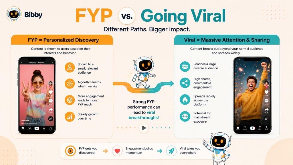 Infographic titled FYP vs Going Viral comparing personalized discovery on the For You Page with viral content that spreads to a much larger audience through shares and engagement.
