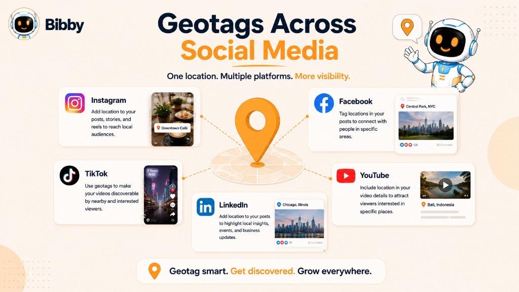 Infographic titled Geotags Across Social Media showing how location tags appear on Instagram, Facebook, YouTube, LinkedIn, and TikTok.